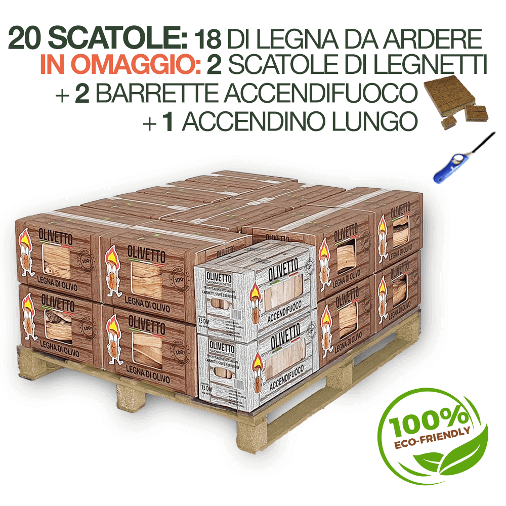 20 scatole: 18 di legna da ardere + IN OMAGGIO: 2 scatole di legnetti + 2 barrette accendifuoco + accendino - immagine 2