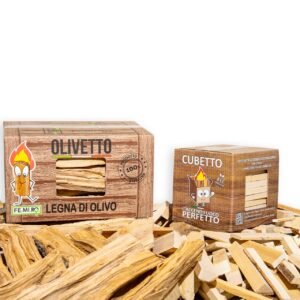 OLIVETTO Legna da ardere di olivo da 10 kg + CUBETTO legnetti accendifuoco da 4 kg in scatola di cartone. Ideale per camini, stufe, forni, pizzerie e barbecue. Confezioni da 3+1 a 45+12.
