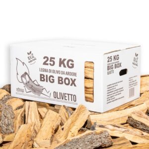 BIG BOX FEMIRO - Legna da ardere di olivo in scatole da 25 Kg. Ideale per camini, stufe, forni, pizzerie e barbecue. Confezioni da 25 a 500 kg.